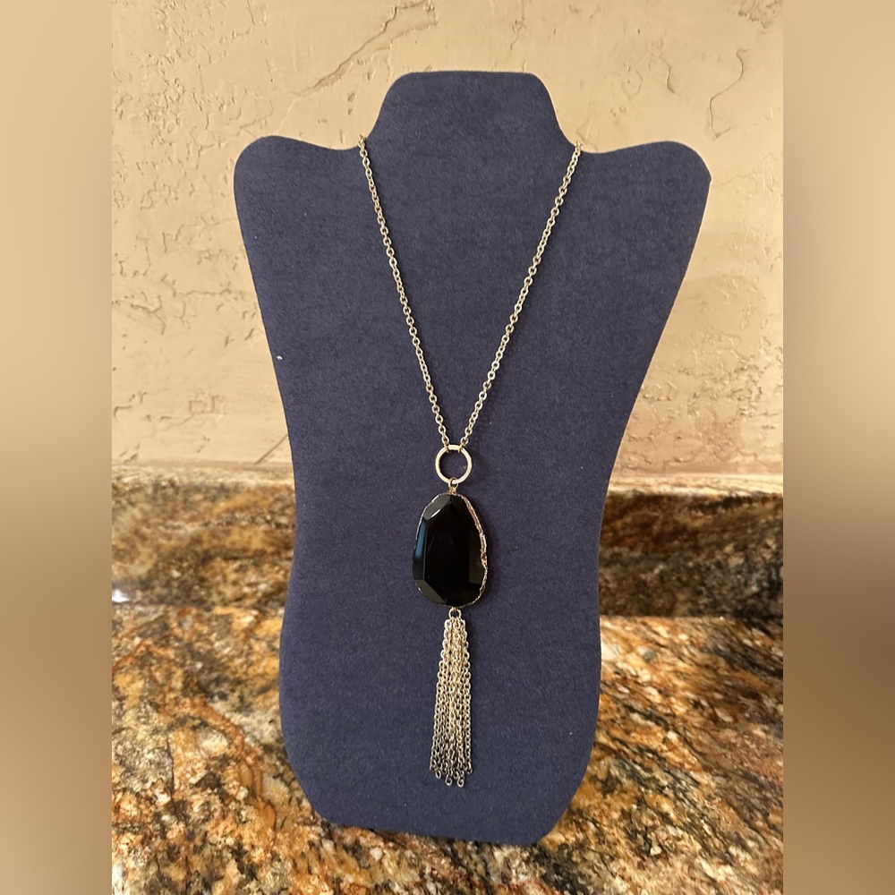 Elegant Real Stone Black and Gold Tassel Long Necklace